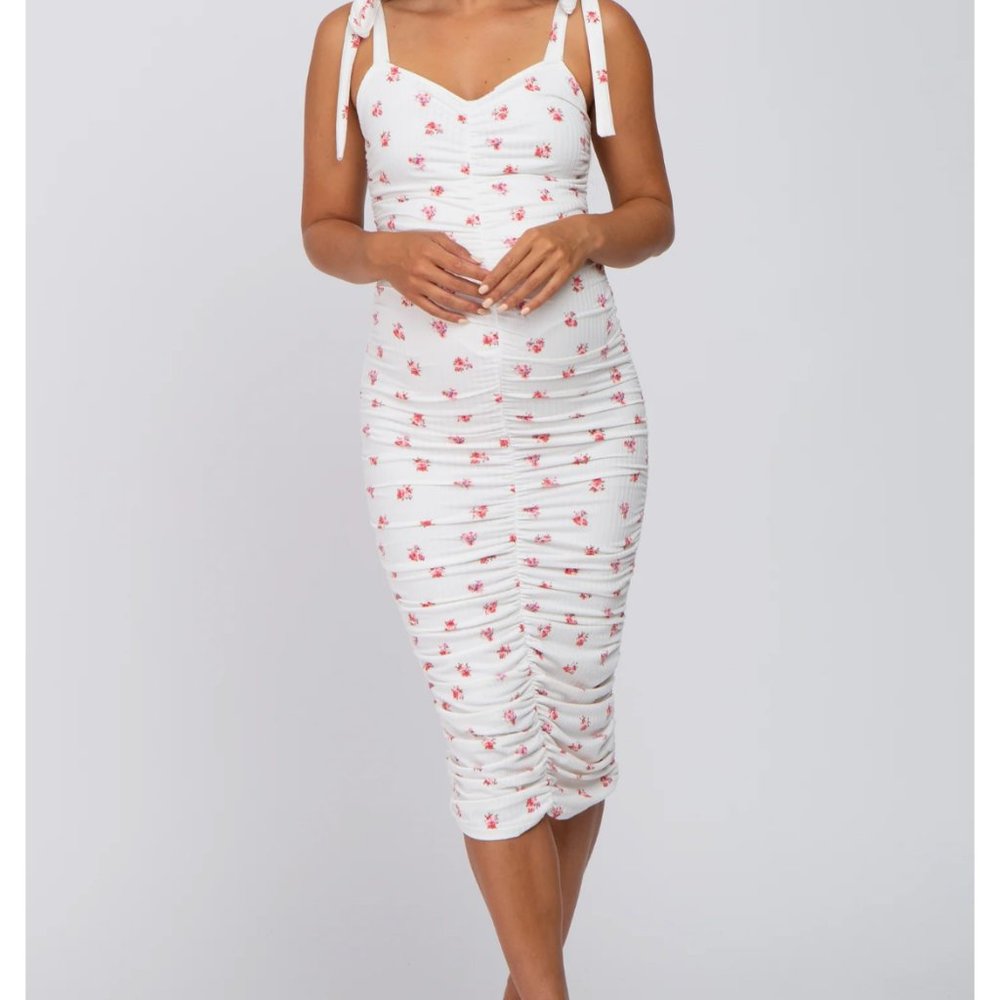 Ivory Floral Sleeveless Ruched Maternity Midi Dress